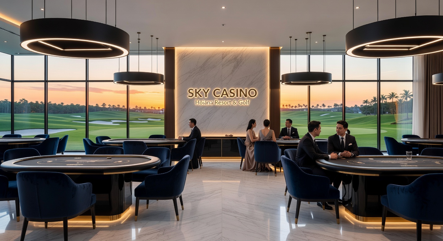Interior of a high-end casino lounge with panoramic views and bar setup