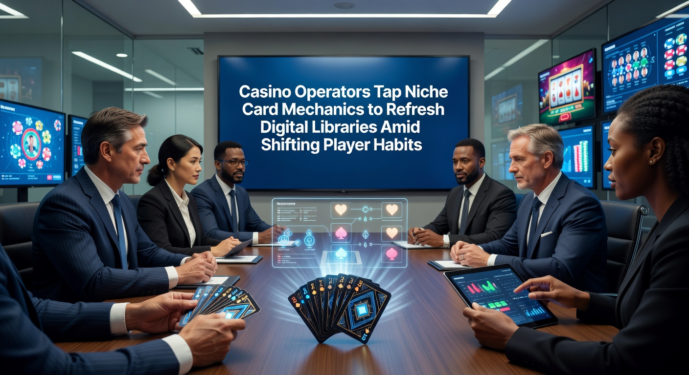 Casino operators reviewing digital game libraries featuring niche card mechanics on multiple screens
