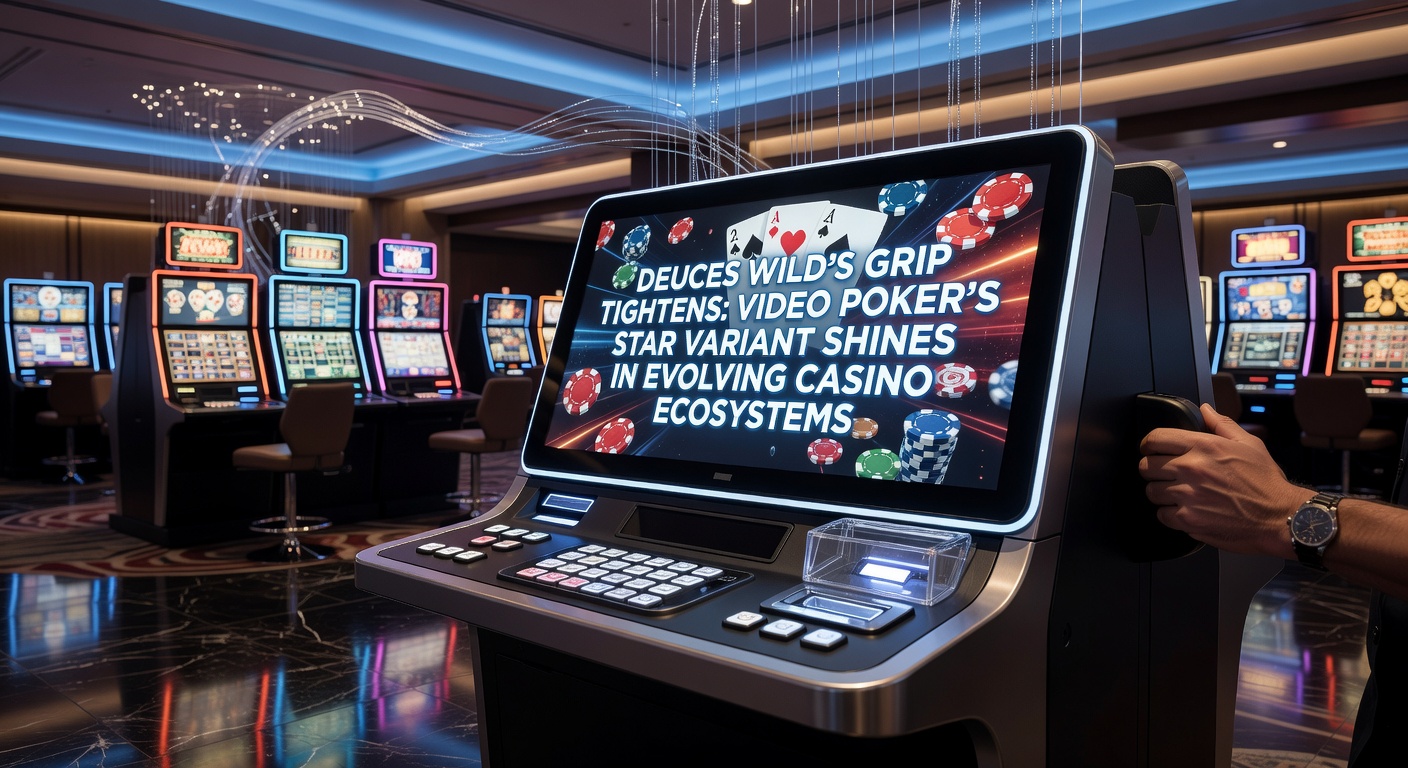 Vibrant Deuces Wild video poker screen displaying royal flush payout amid bustling casino floor