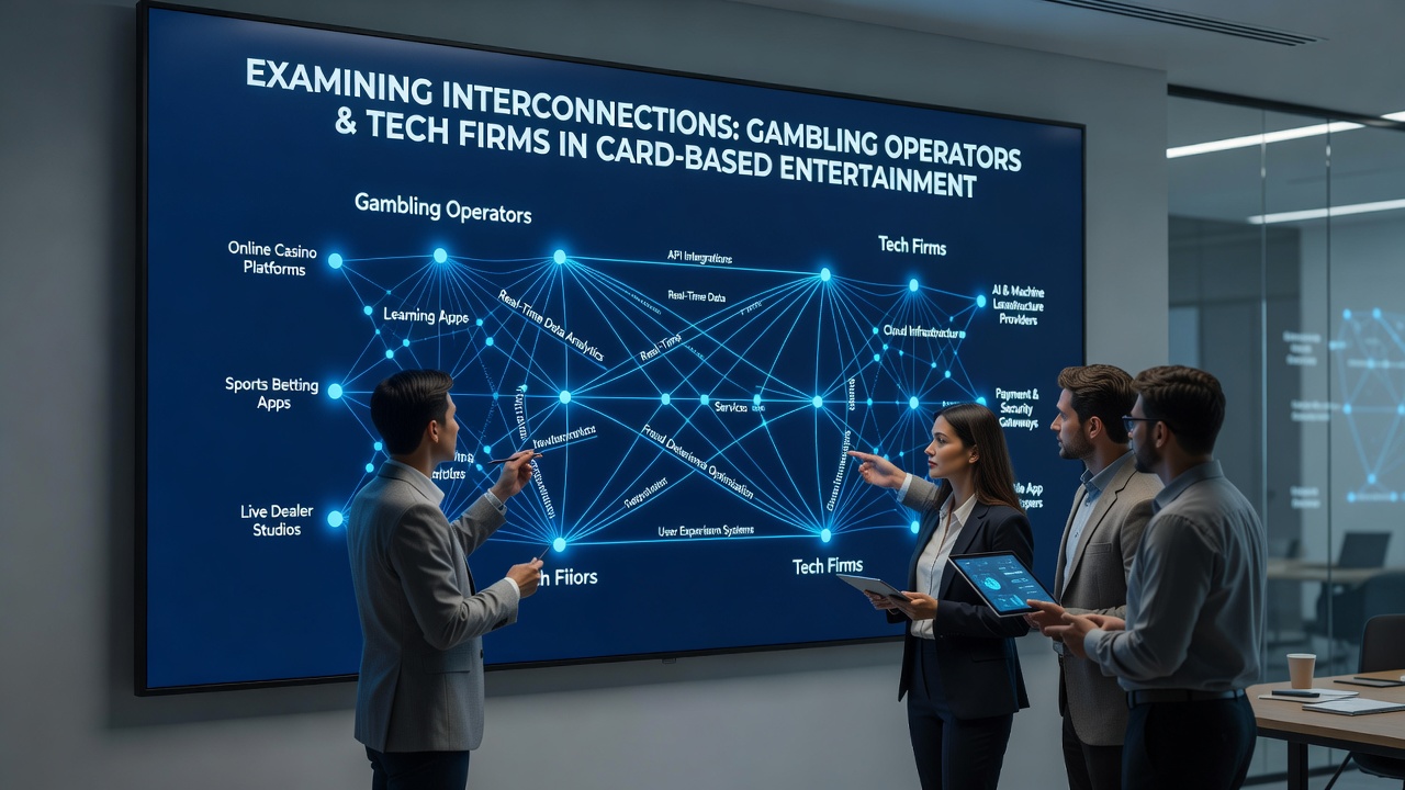 Illustration of a technology integration meeting between gambling executives and software engineers