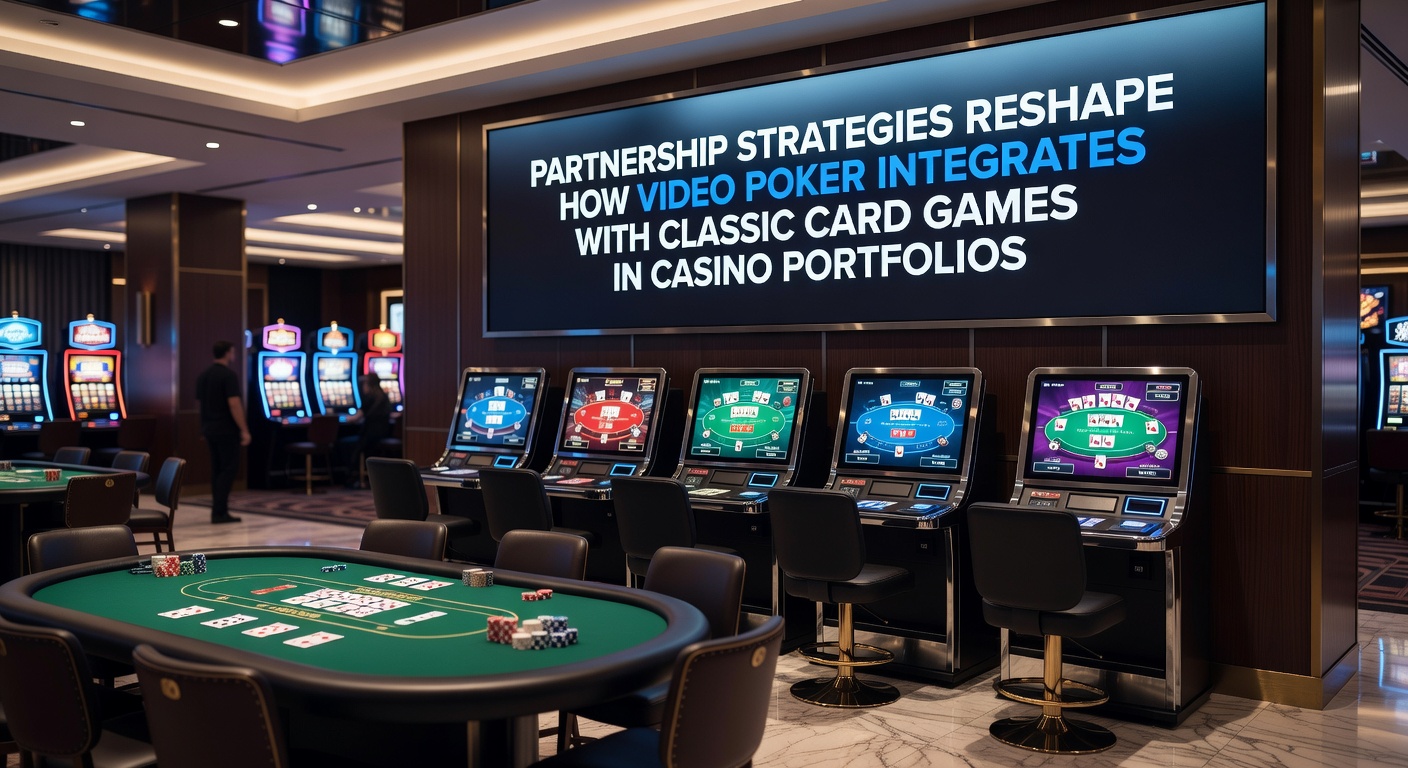 Digital interface displaying a hybrid video poker and blackjack game on a casino app screen with partnership branding elements