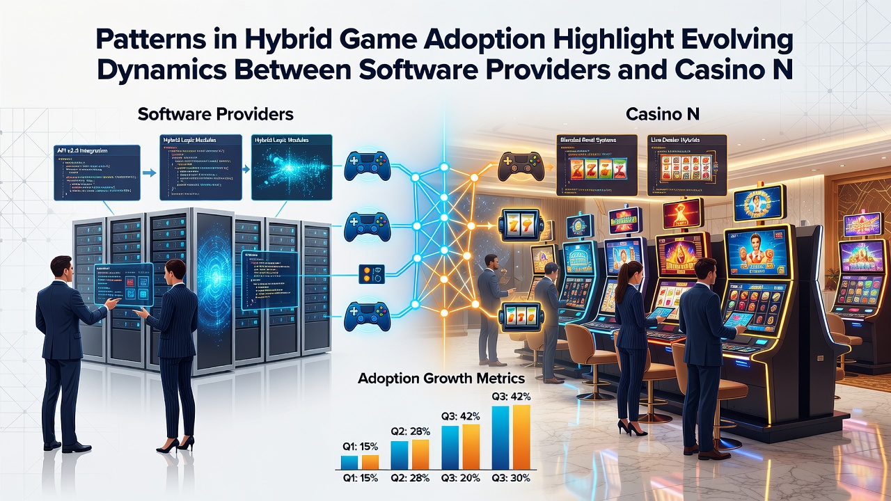 Network diagrams illustrating data flows between hybrid game servers operated by software providers and casino property management systems
