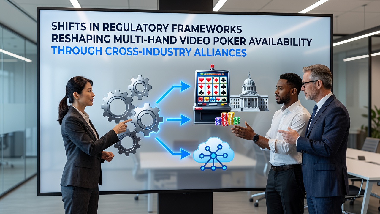 Regulatory documents and partnership agreements spread across a conference table in a modern gaming industry meeting room
