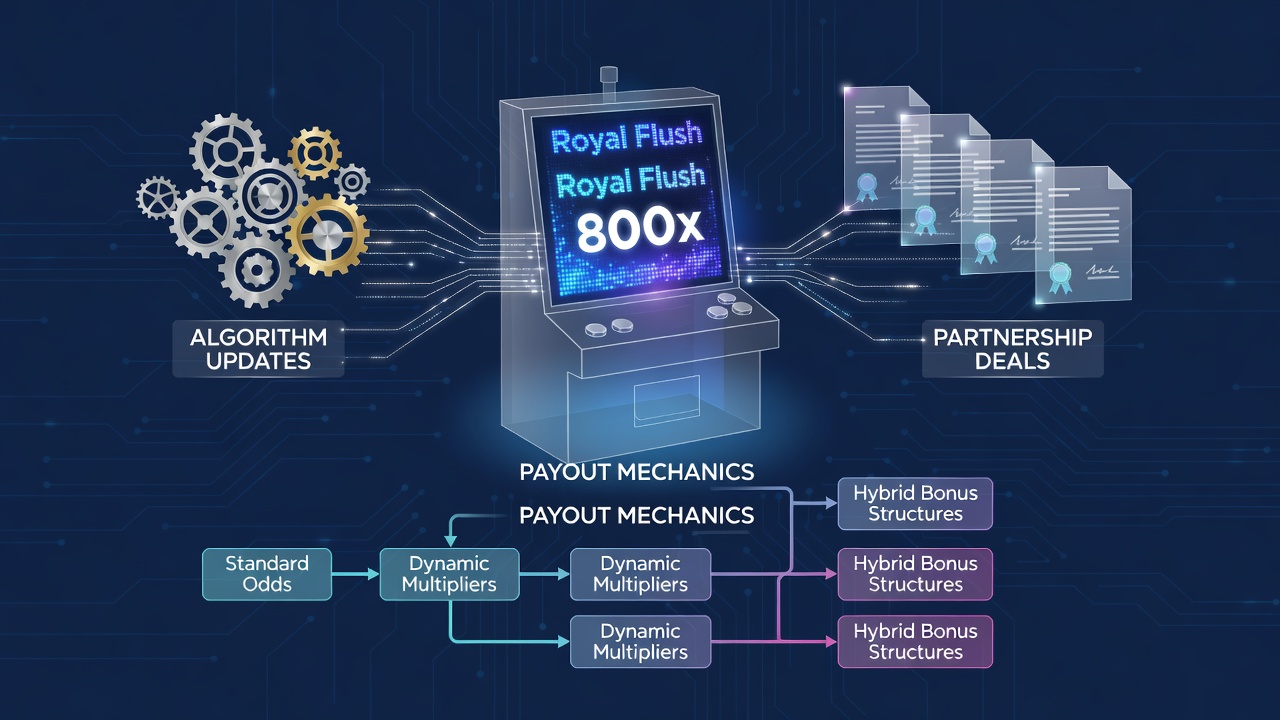 Visual representation of algorithm updates intersecting with partnership deals in video poker payout mechanics