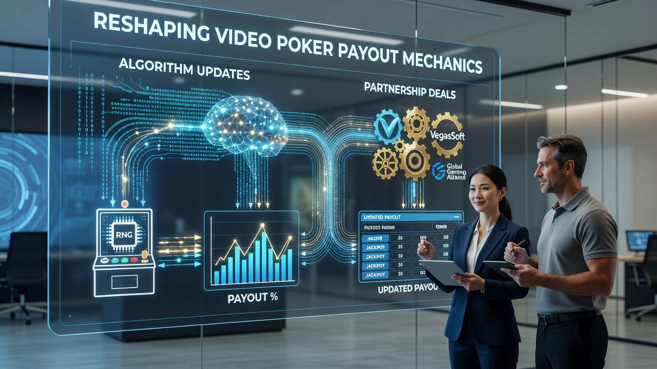 Illustration showing regulatory documents and partnership contracts influencing video poker payout structures