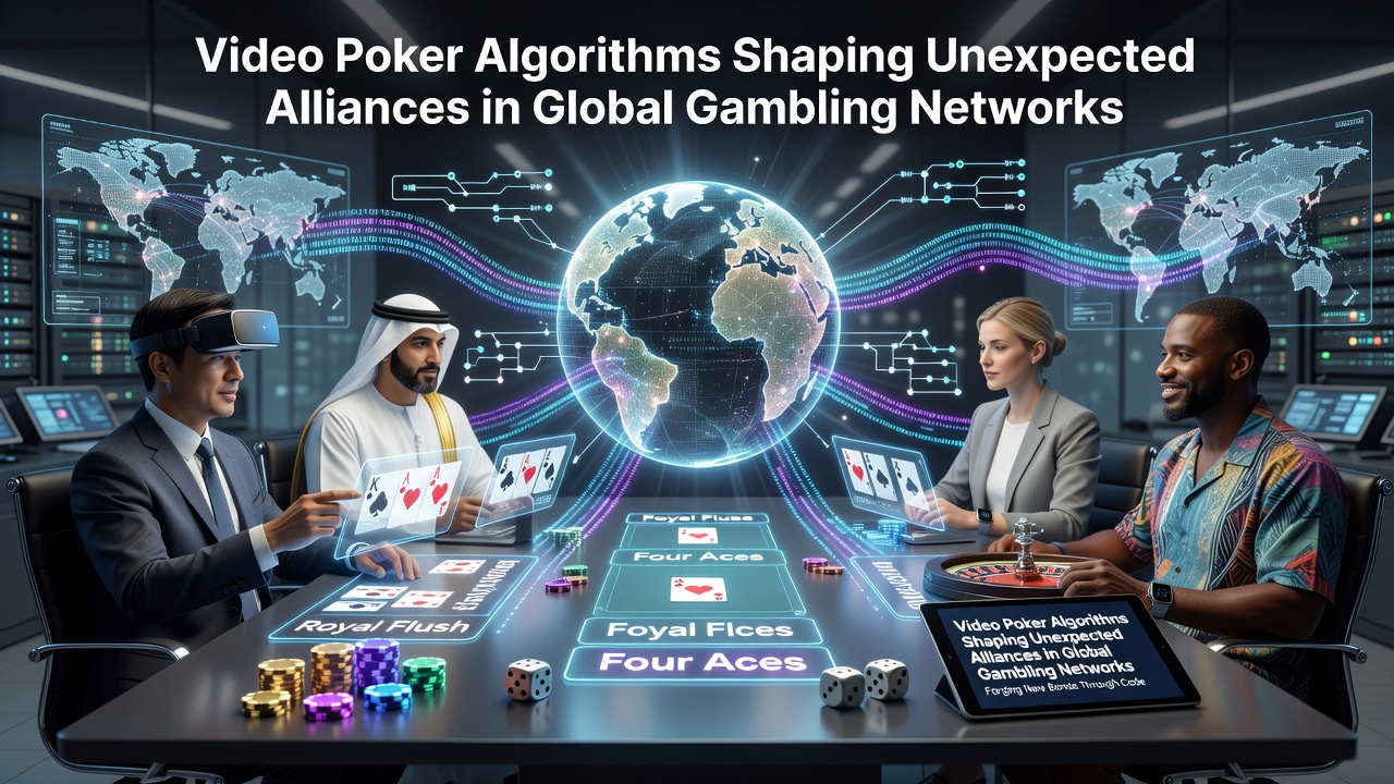Illustration of video poker algorithms connecting global gambling networks through data flows and partnerships