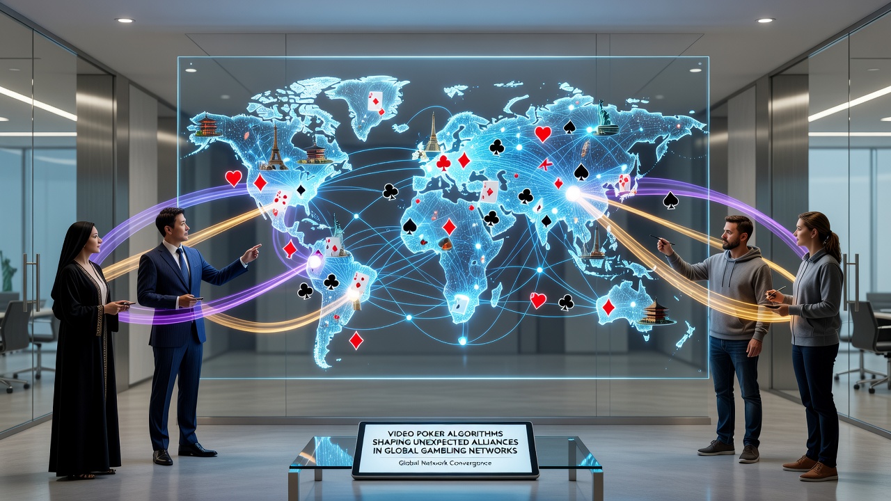 Diagram showing interconnected nodes representing global gambling operators linked by video poker algorithm standards